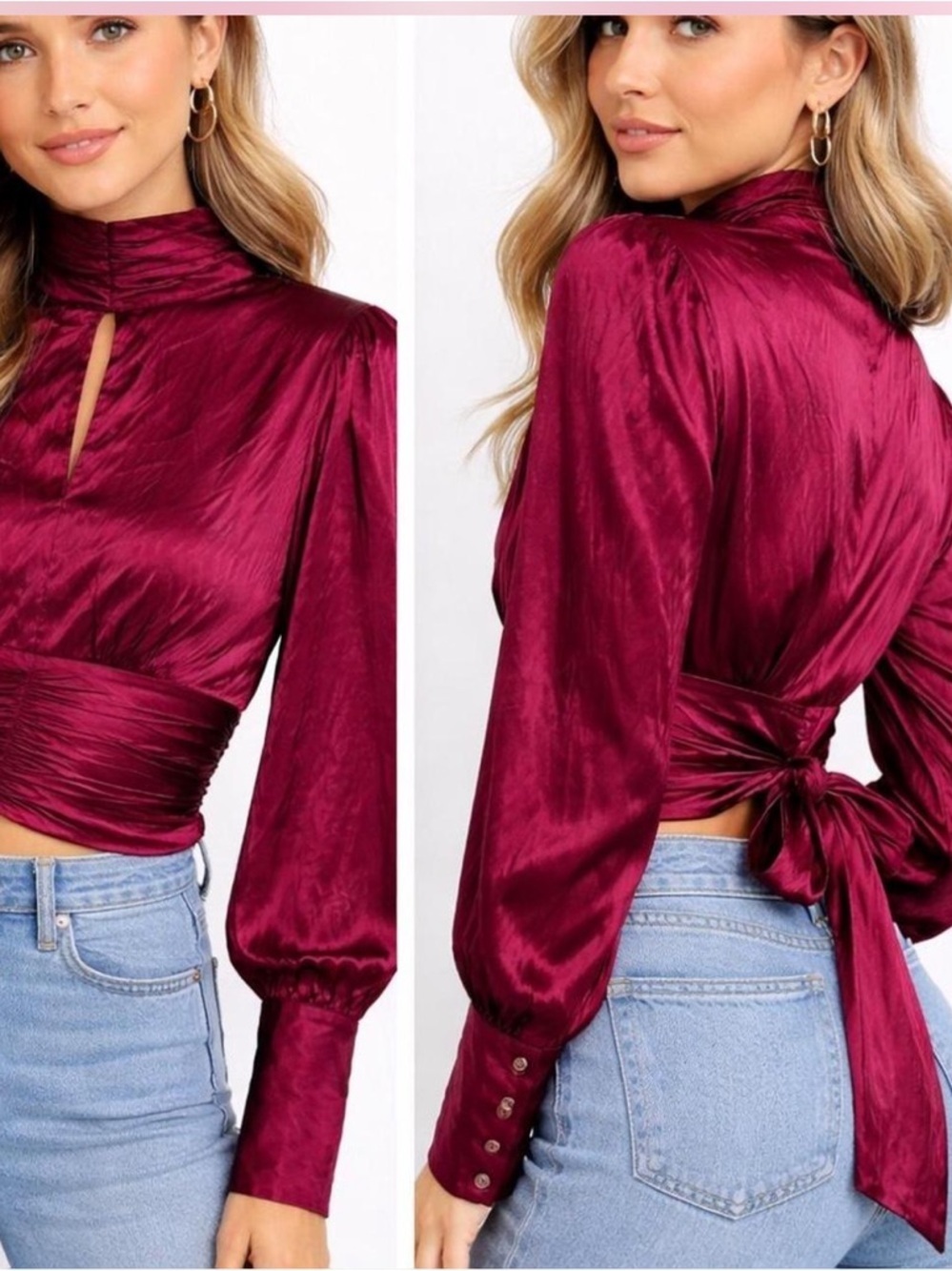 Sugarlips Burgundy Satin High-Neck Tie-Back Blouse